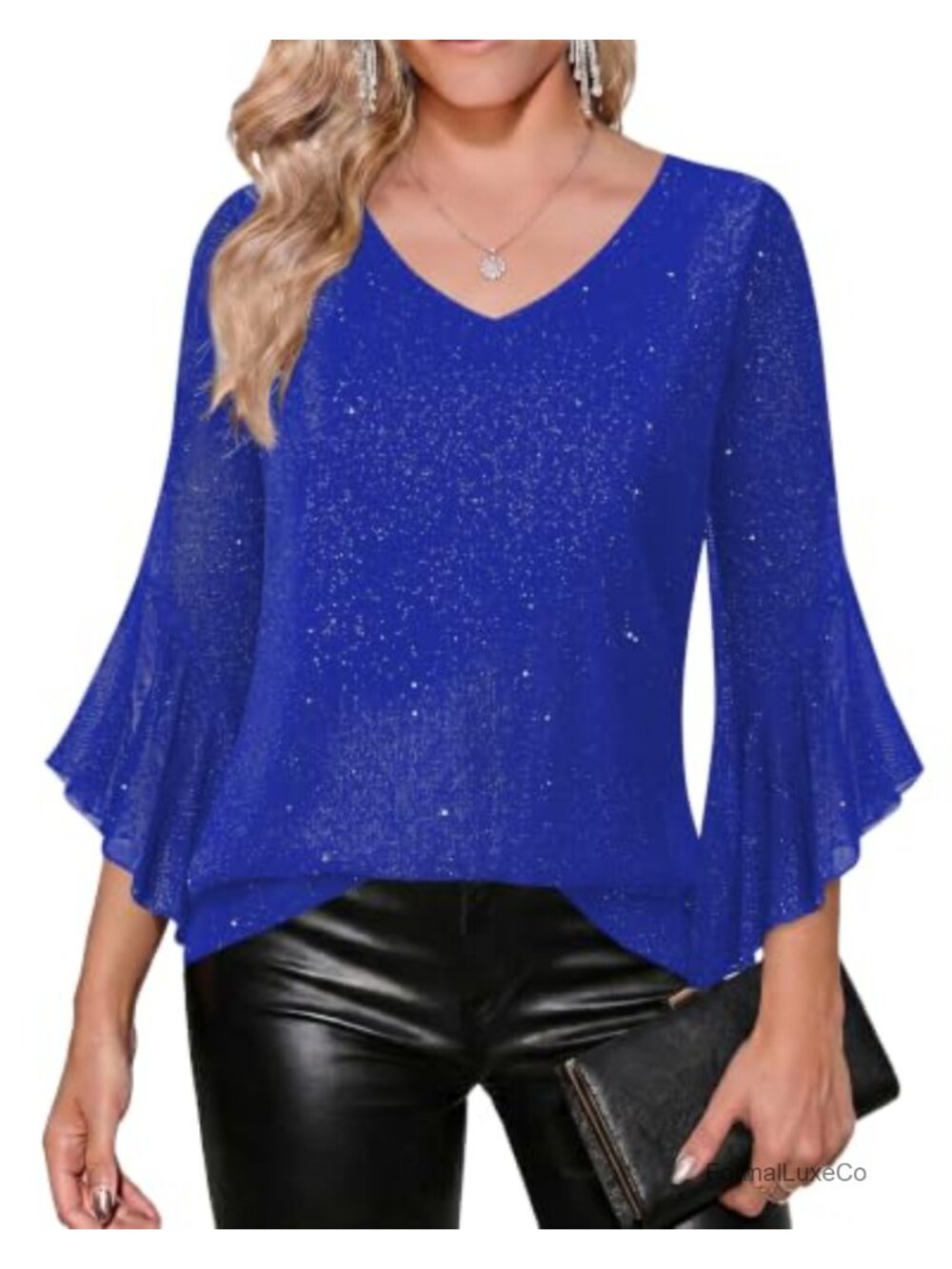 Sequin V-Neck 3/4 Sleeve Blouse Double Layer Mesh Dressy Tunic